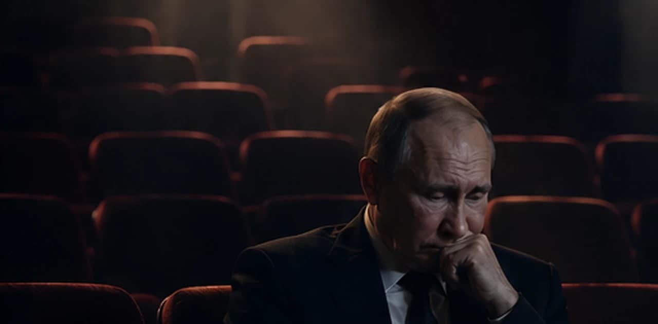 Художественная иллюстрация: Владимир Путин сидит один в пустом полутёмном зрительном зале, ряды красных кресел уходят в темноту.